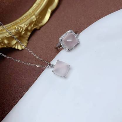 Square Rose Quartz S925 Silver Ring / Pendent Four Claws Design
