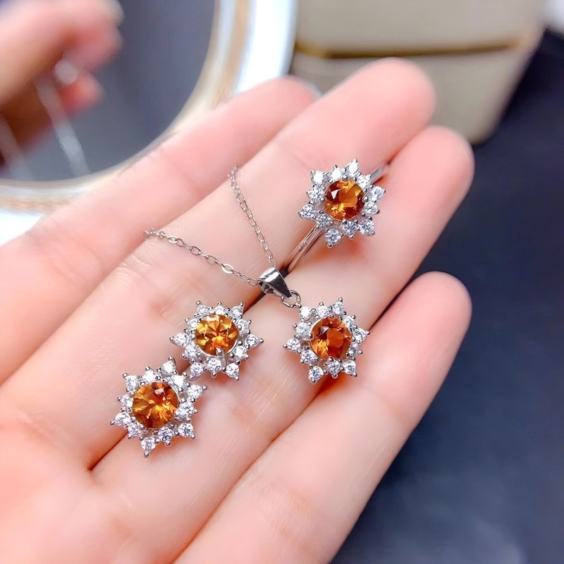 Faceted Citrine S925 Silver Ring / Earring / Necklace Snowflake Design
