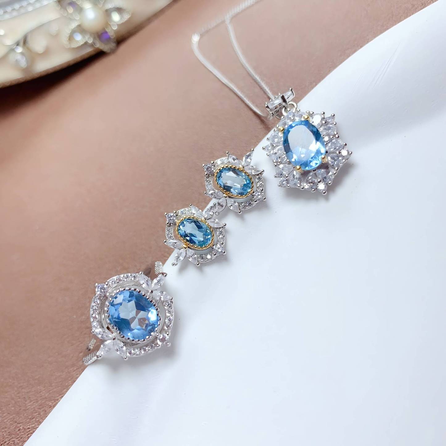Mirror Flower Blue Topaz S925 Silver Ring / Earring / Pendent / Necklace Natural Crystal Set