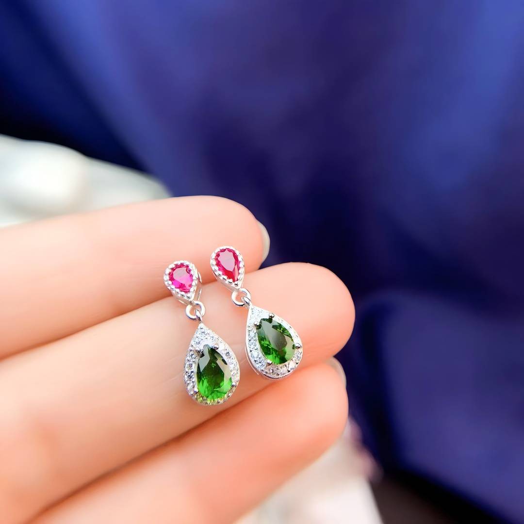 Double Water Drop Ruby Moonstone S925 Silver Earrings