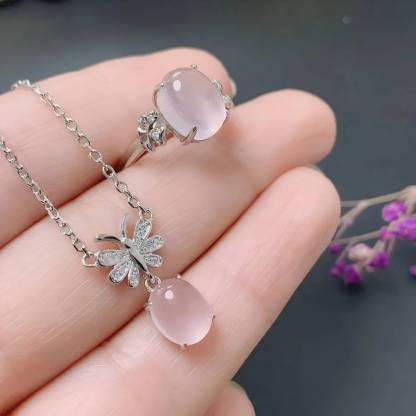 Oval Rose Quartz S925 Silver Ring / Pendent Four Claws Design