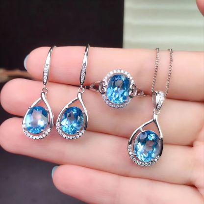 Water Drop Faced Blue Topaz S925 Silver Set