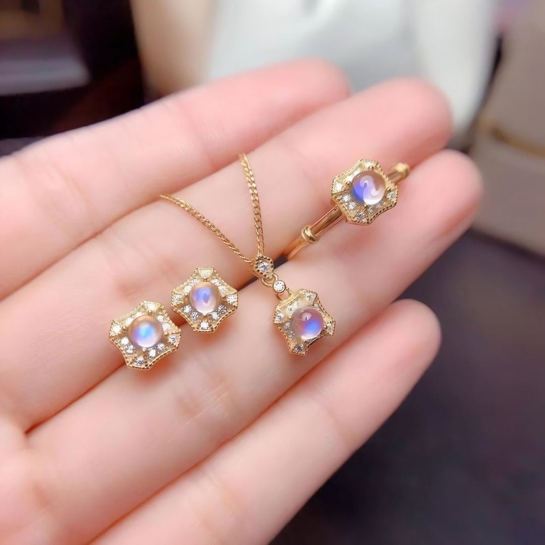Square Moonstone Gold S925 Silver Natural Crystal Set