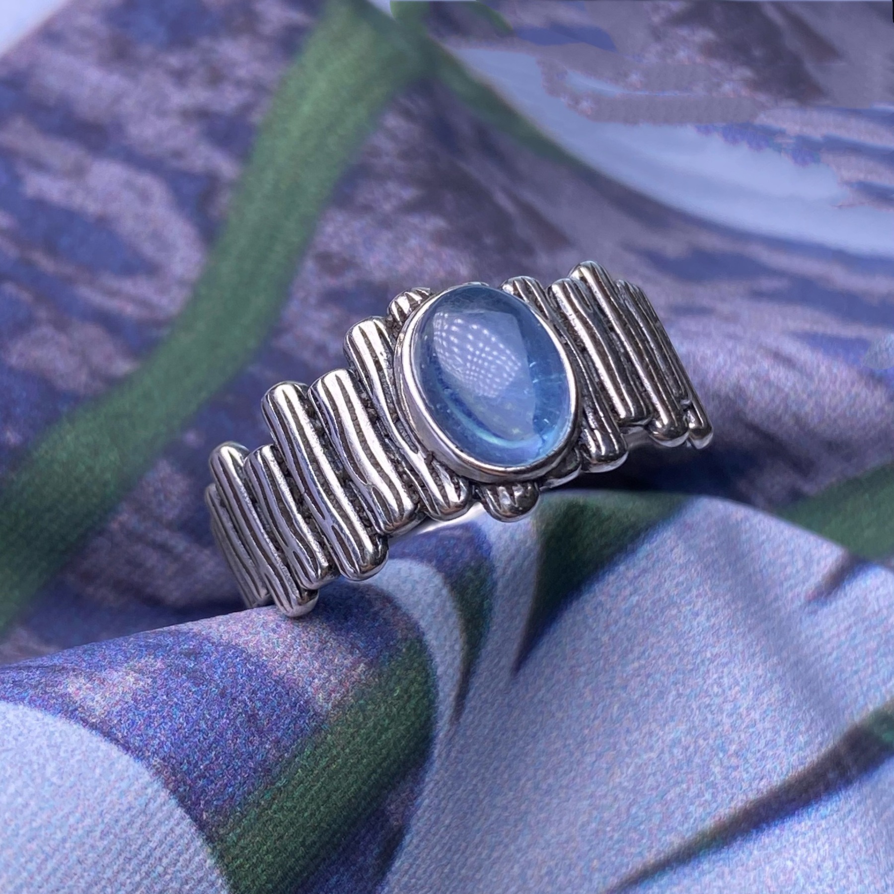 Aquamarine S925 Classical Oval Natural Crystal Large Band Silver Ring