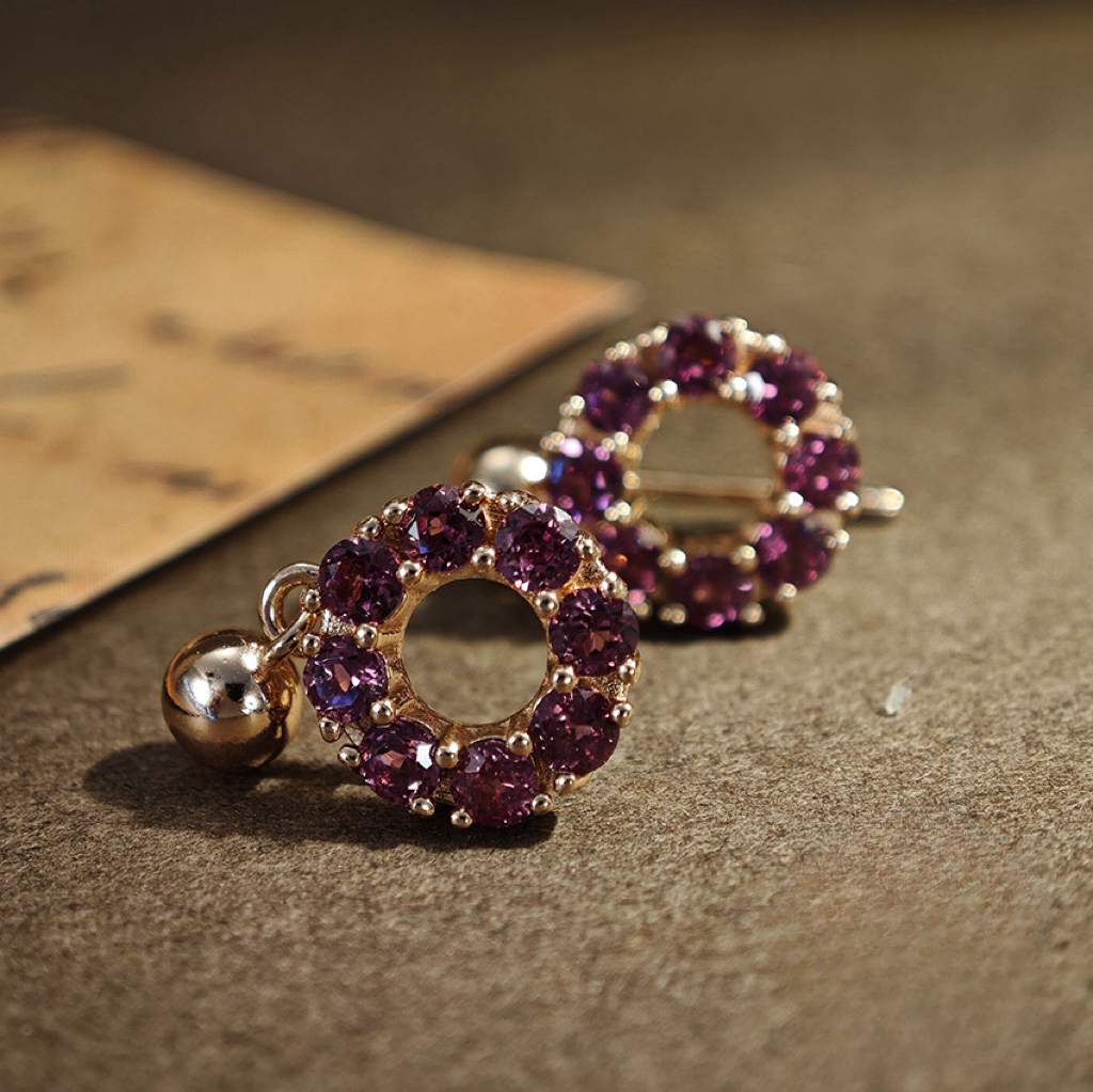 S925 Silver Earring Round Openwork Shapes Purple Garnet With Simple and Elegant Design 