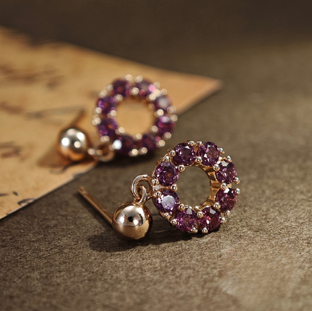 S925 Silver Earring Round Openwork Shapes Purple Garnet With Simple and Elegant Design 