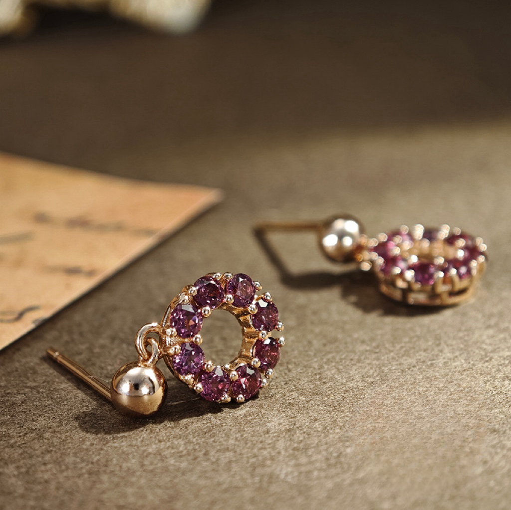 S925 Silver Earring Round Openwork Shapes Purple Garnet With Simple and Elegant Design 