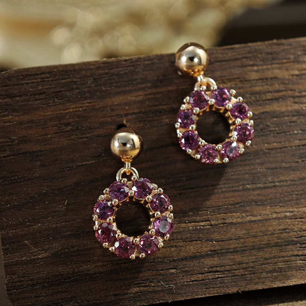 S925 Silver Earring Round Openwork Shapes Purple Garnet With Simple and Elegant Design 