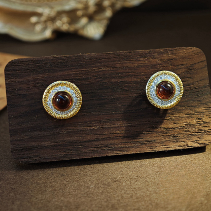 Garnet S925 Light Luxury Retro Round Natural Crystal Silver Earring