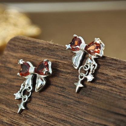 Bowknot Garnet S925 Silver Temperament Women's Earring