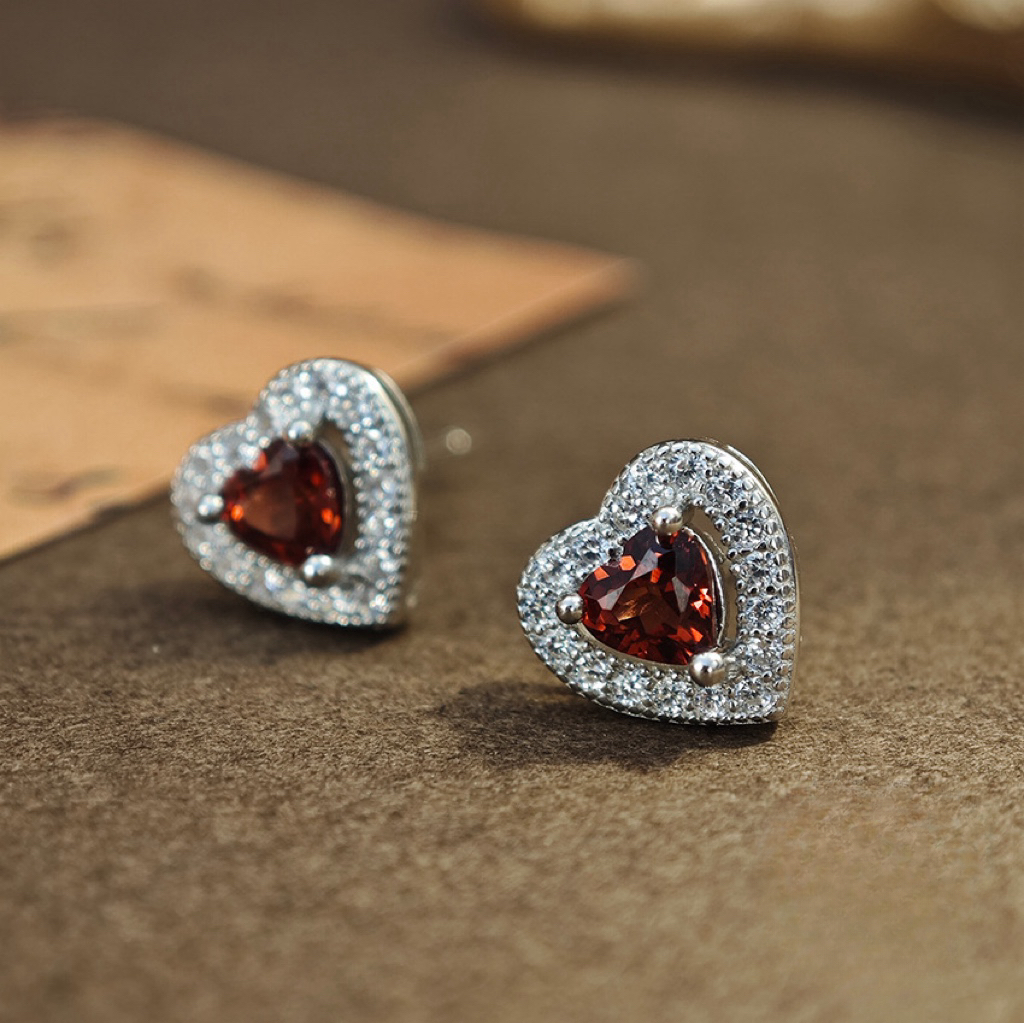 S925 Silver Earring Heart-shaped Garnet With Simple and Elegant Design 