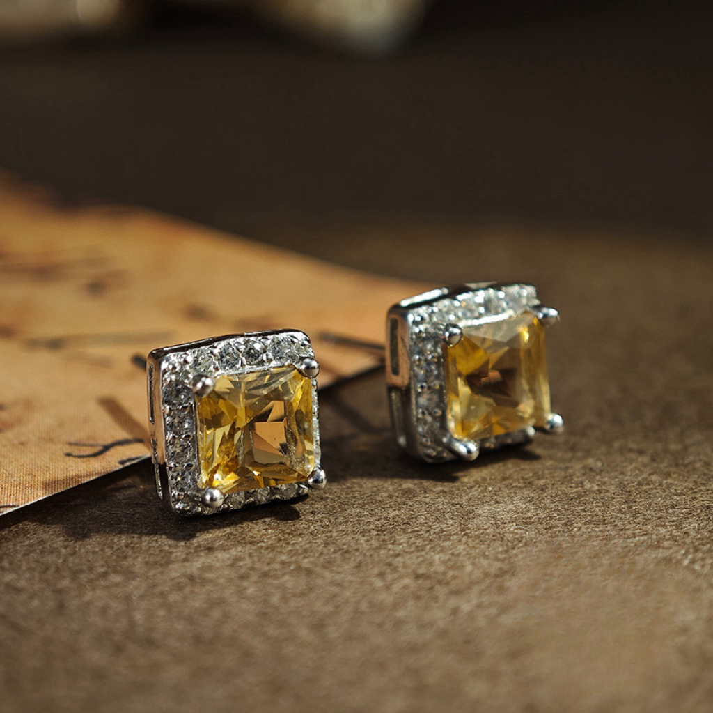 S925 Silver Earring Inlay A Square Citrine Natural Crystal