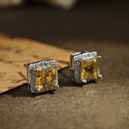 S925 Silver Earring Inlay A Square Citrine Natural Crystal