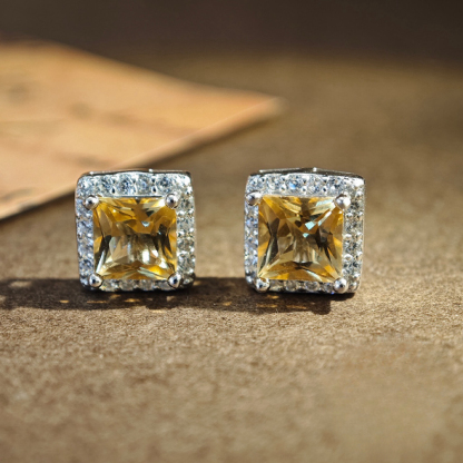 S925 Silver Earring Inlay A Square Citrine Natural Crystal