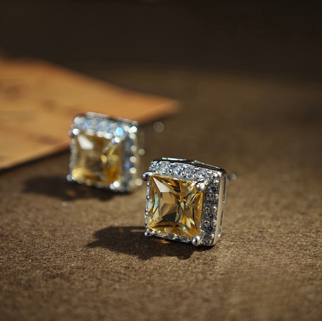 S925 Silver Earring Inlay A Square Citrine Natural Crystal
