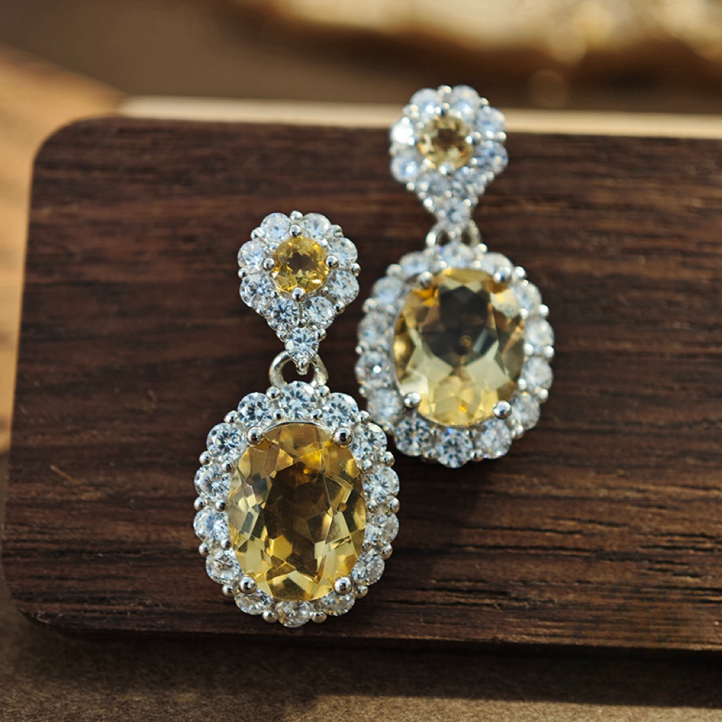 Citrine S925 Sliver Earring Large Double Sunflower Design