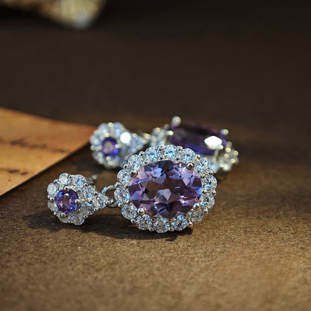 Amethyst S925 Sliver Earring Large Double Sunflower Design