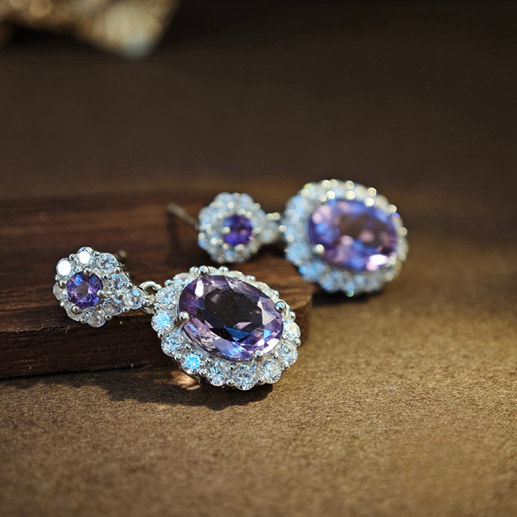 Amethyst S925 Sliver Earring Large Double Sunflower Design