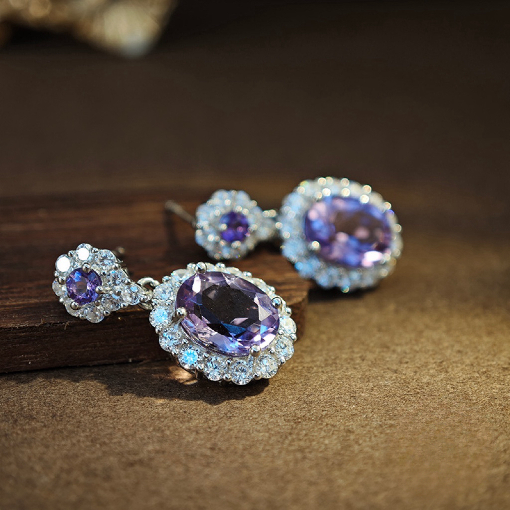 Amethyst S925 Sliver Earring Large Double Sunflower Design