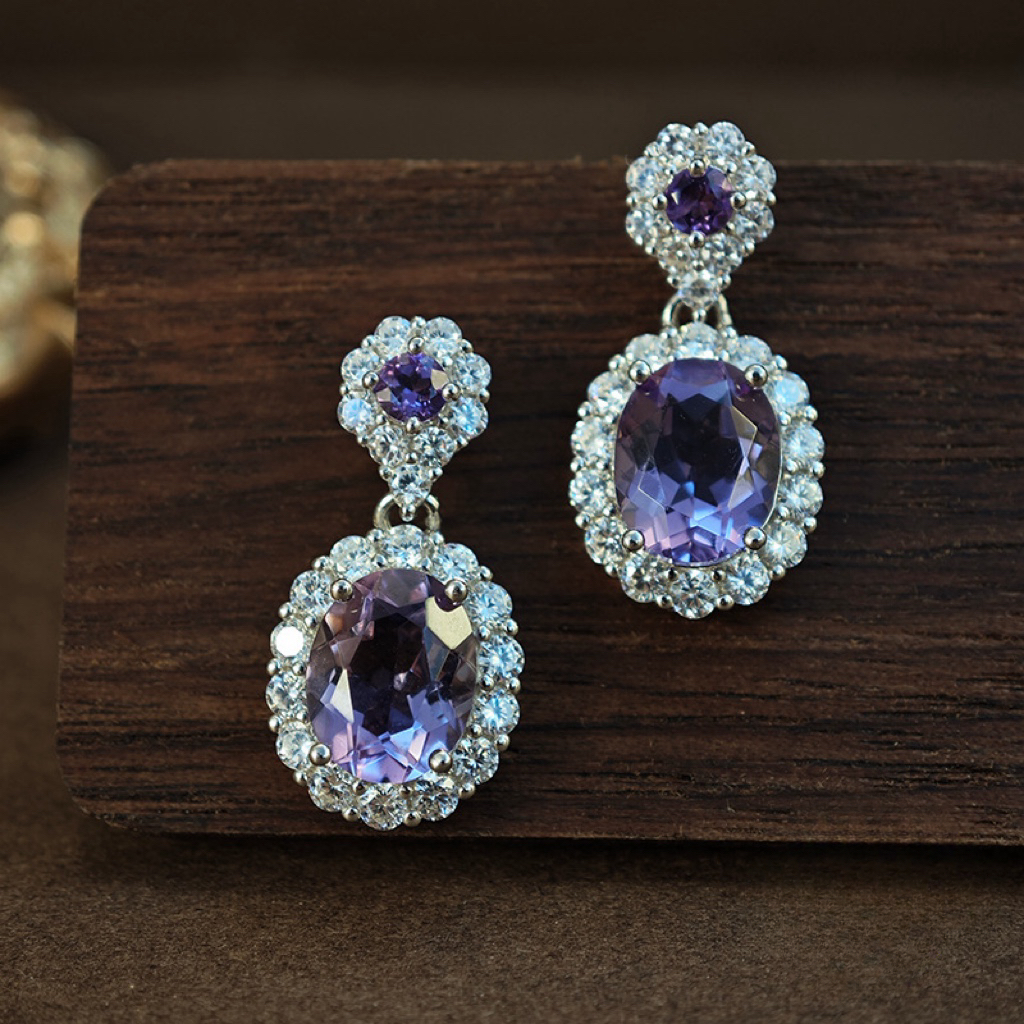 Amethyst S925 Sliver Earring Large Double Sunflower Design