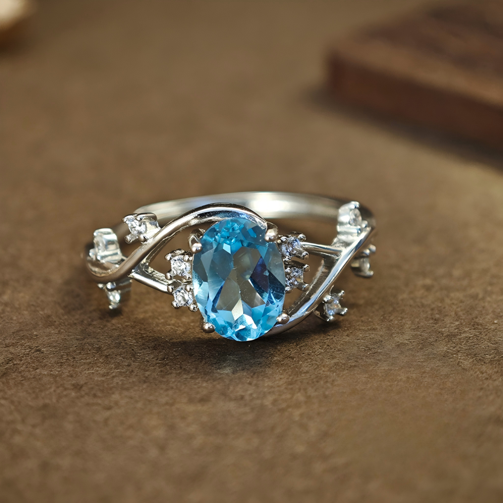 S925 Olive Branch Leaf Inlay Natural Blue Topaz Ring