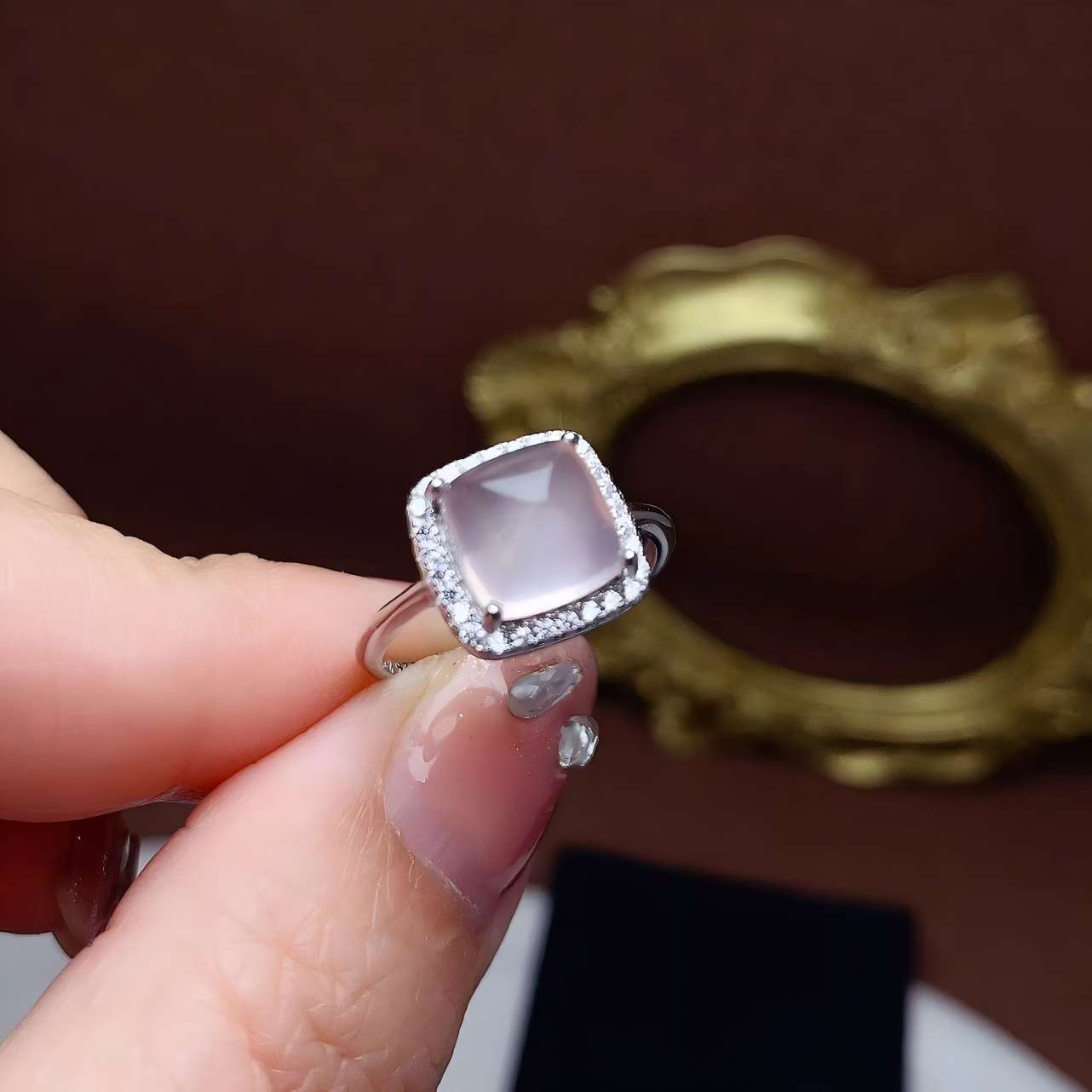 Square Rose Quartz S925 Silver Ring / Pendent Four Claws Design