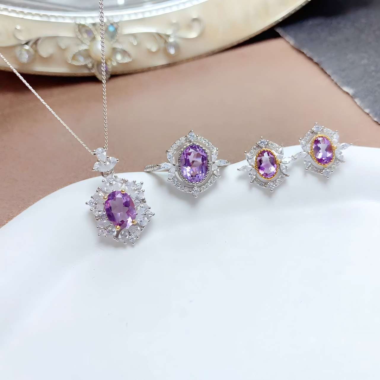 Mirror Flower Amethyst S925 Silver Ring / Earring / Pendent / Necklace Natural Crystal Set