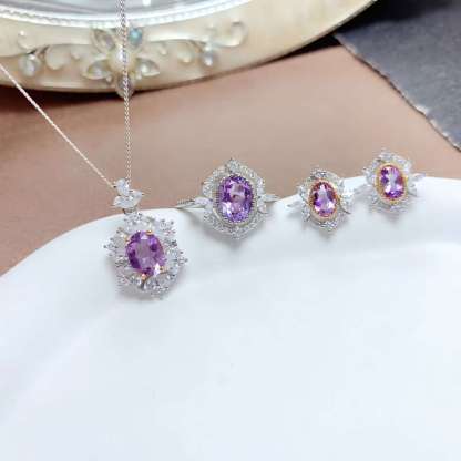 Mirror Flower Amethyst S925 Silver Ring / Earring / Pendent / Necklace Natural Crystal Set