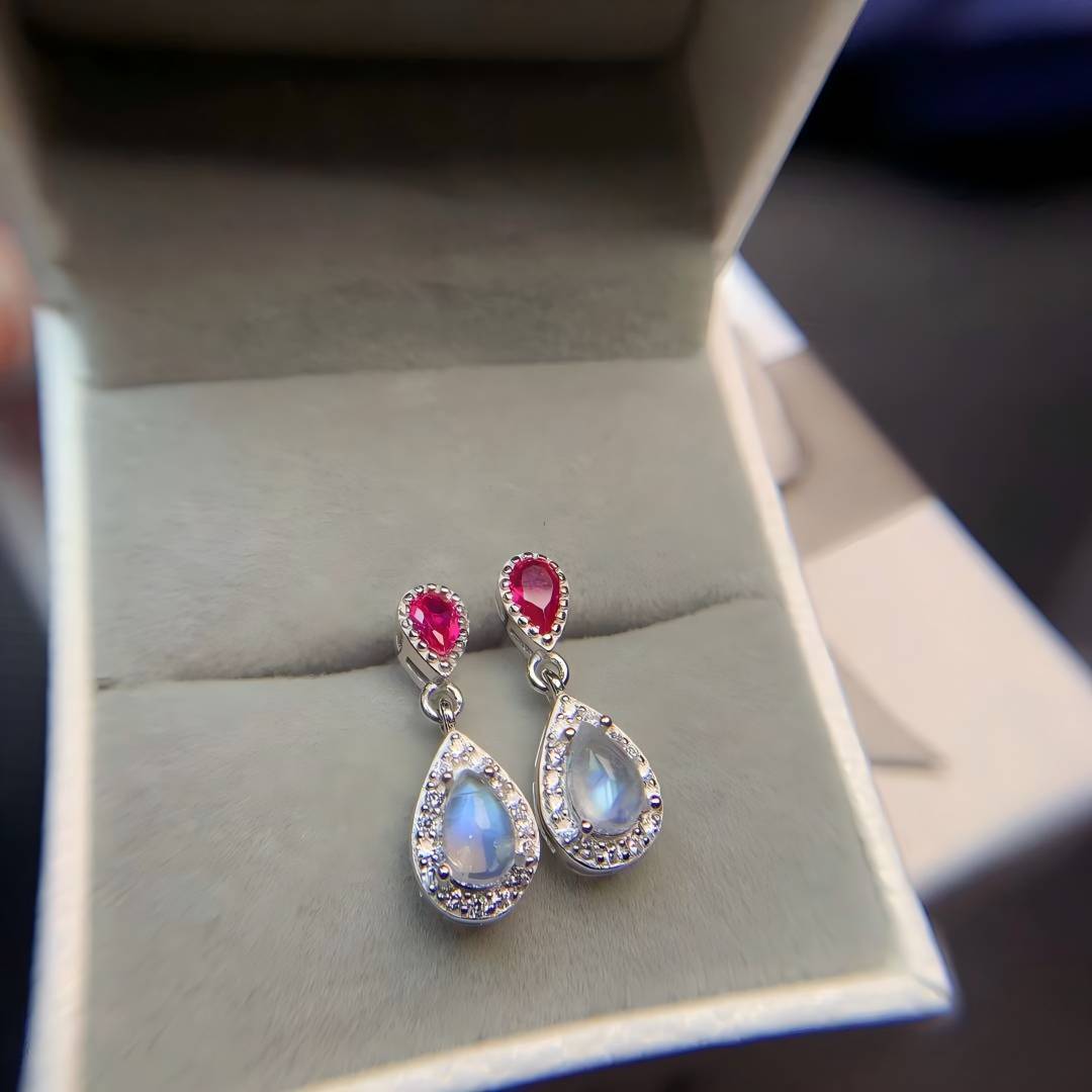 Double Water Drop Ruby Moonstone S925 Silver Earrings