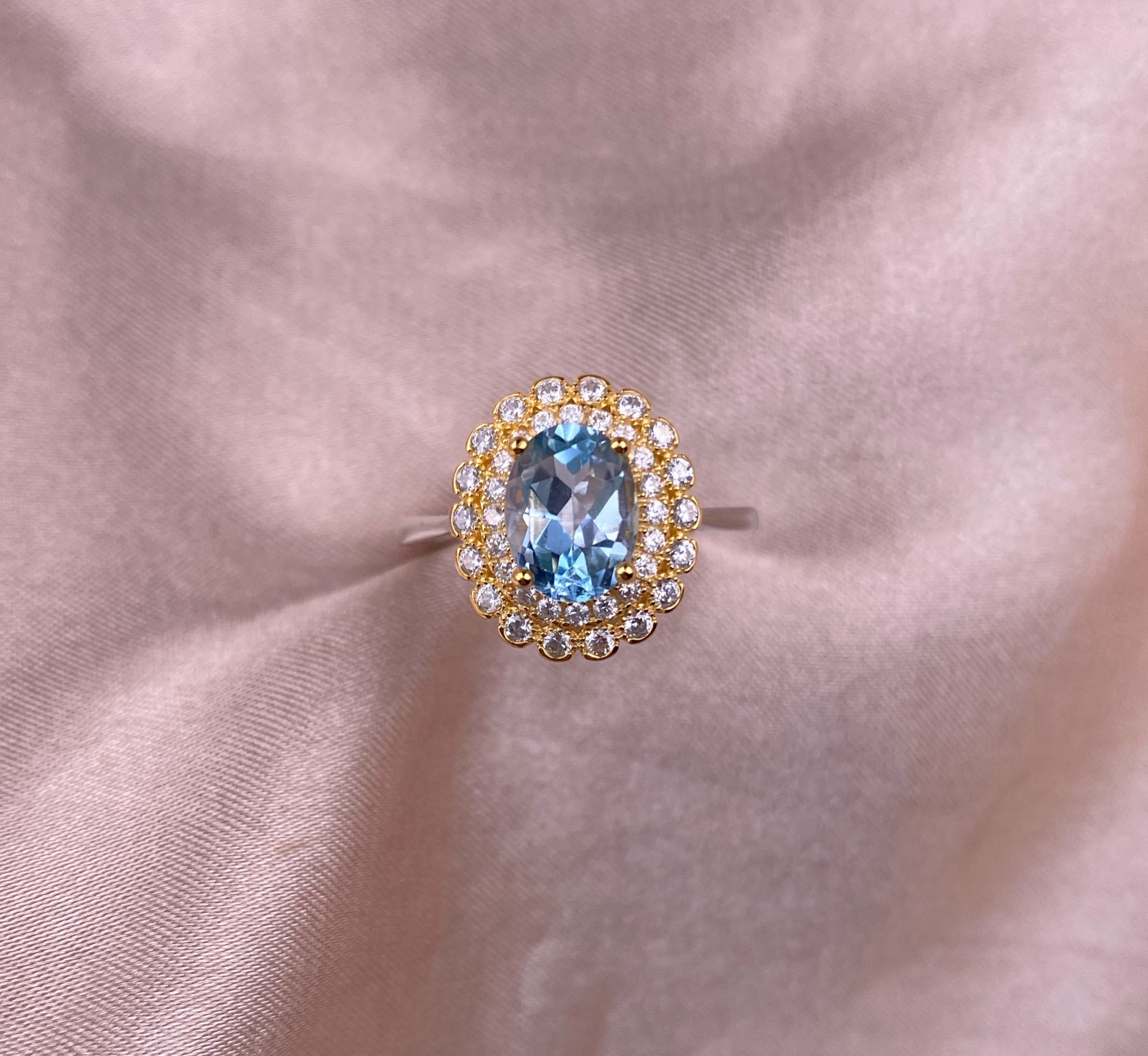 Swiss Blue Topaz S925 Sunflower Gold Side Sliver Ring Band