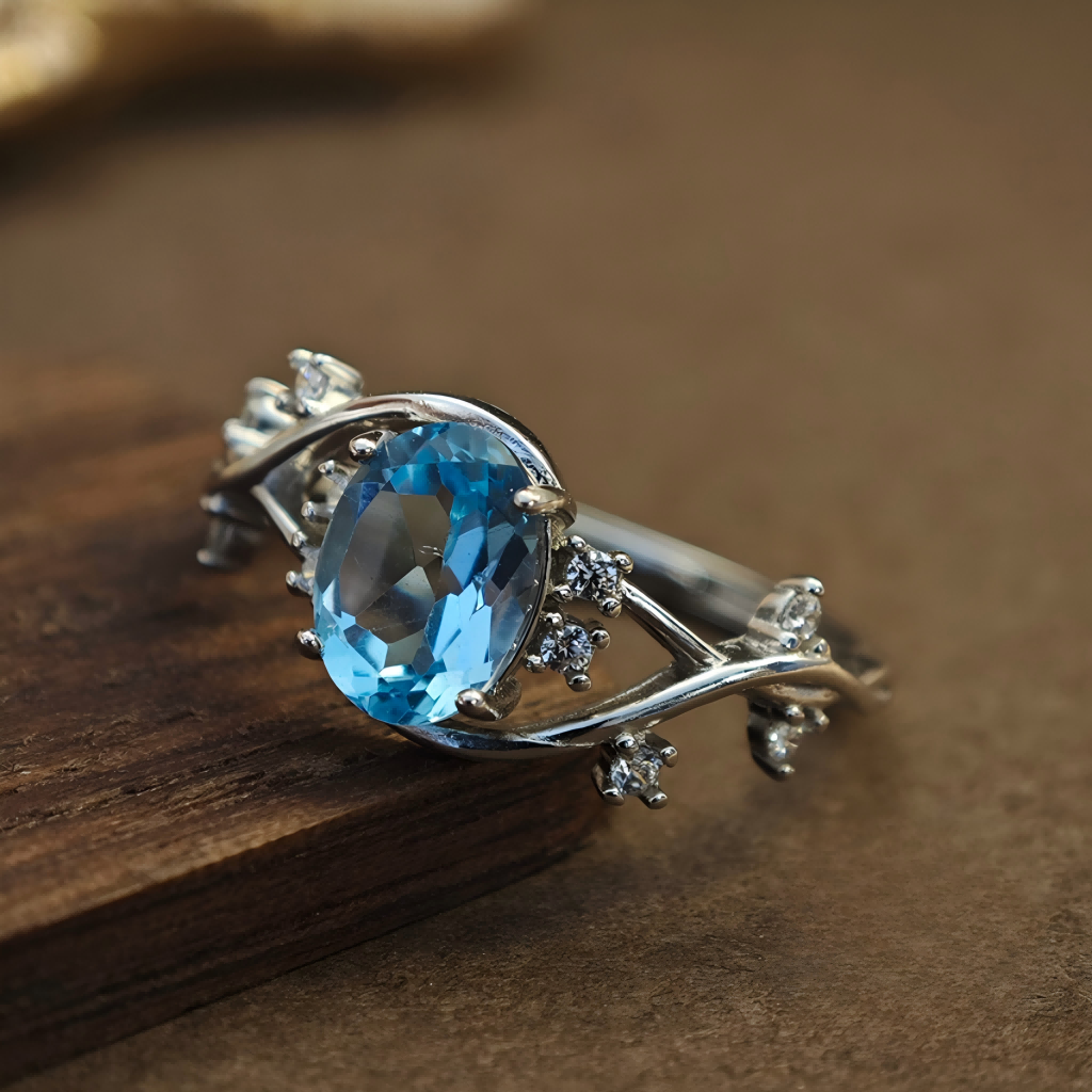 S925 Olive Branch Leaf Inlay Natural Blue Topaz Ring