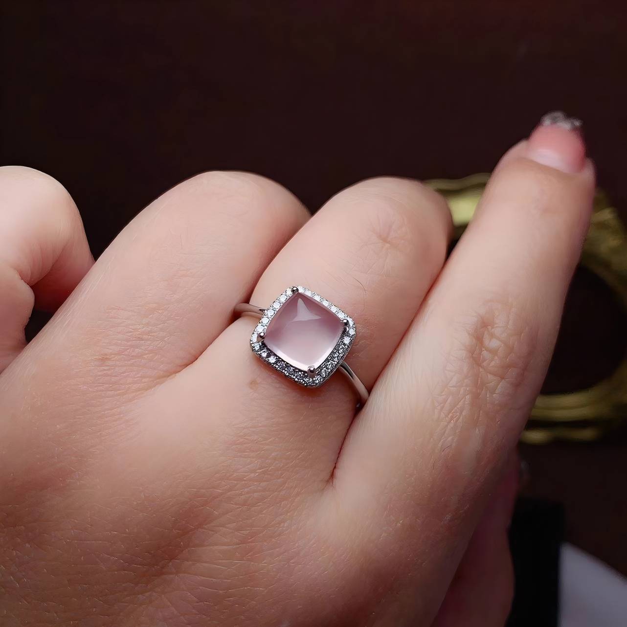 Square Rose Quartz S925 Silver Ring / Pendent Four Claws Design