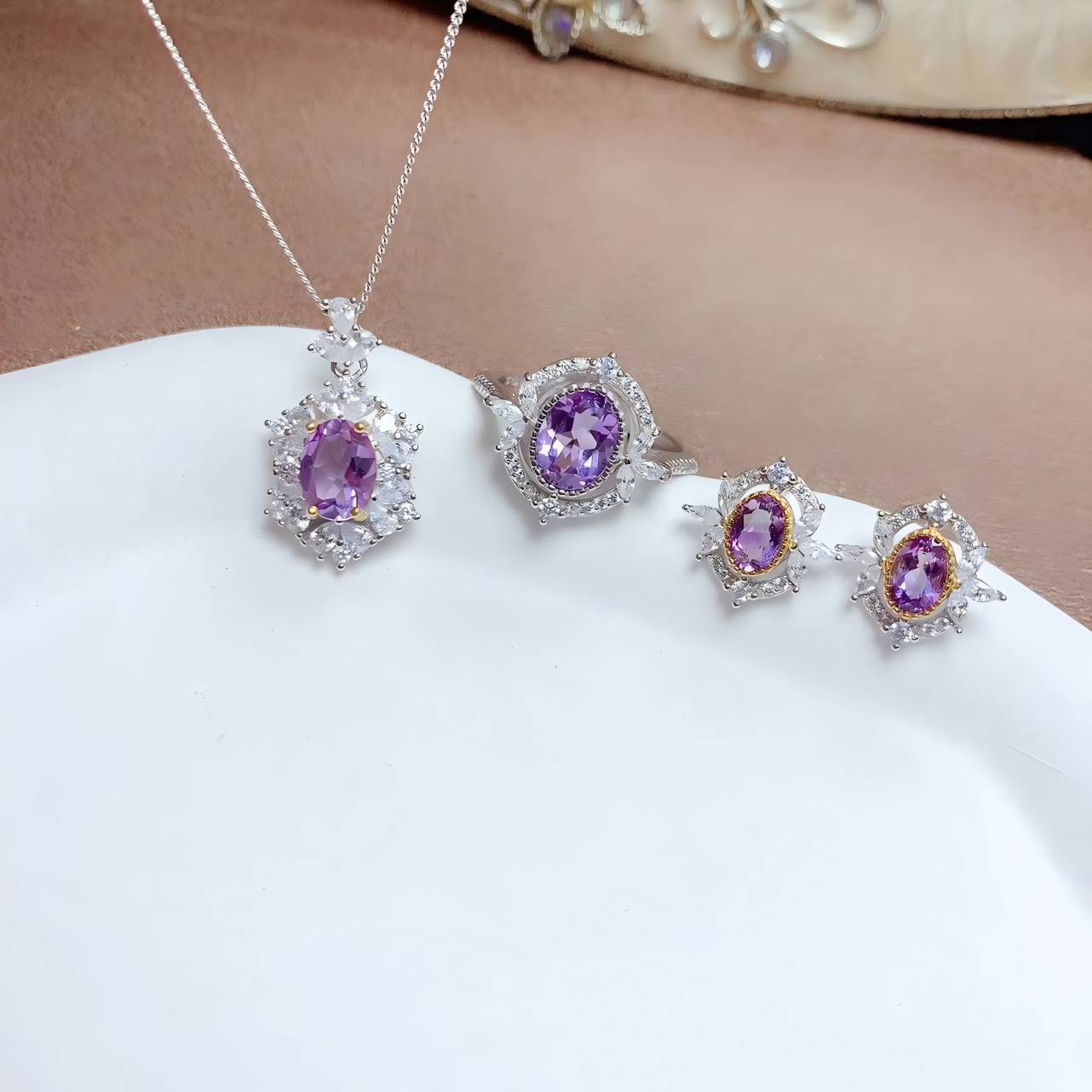 Mirror Flower Amethyst S925 Silver Ring / Earring / Pendent / Necklace Natural Crystal Set