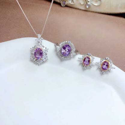 Mirror Flower Amethyst S925 Silver Ring / Earring / Pendent / Necklace Natural Crystal Set