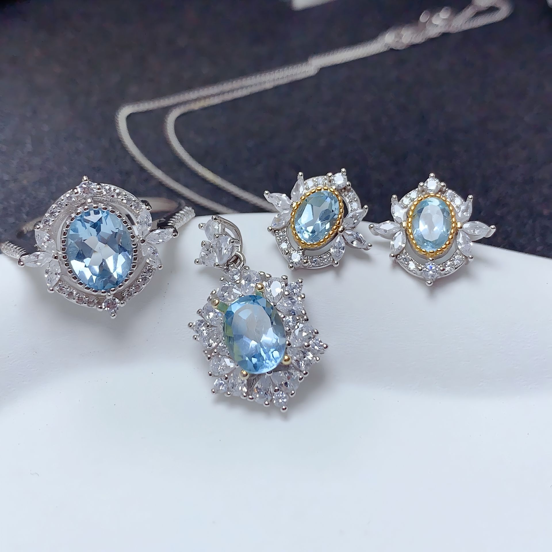 Mirror Flower Blue Topaz S925 Silver Ring / Earring / Pendent / Necklace Natural Crystal Set