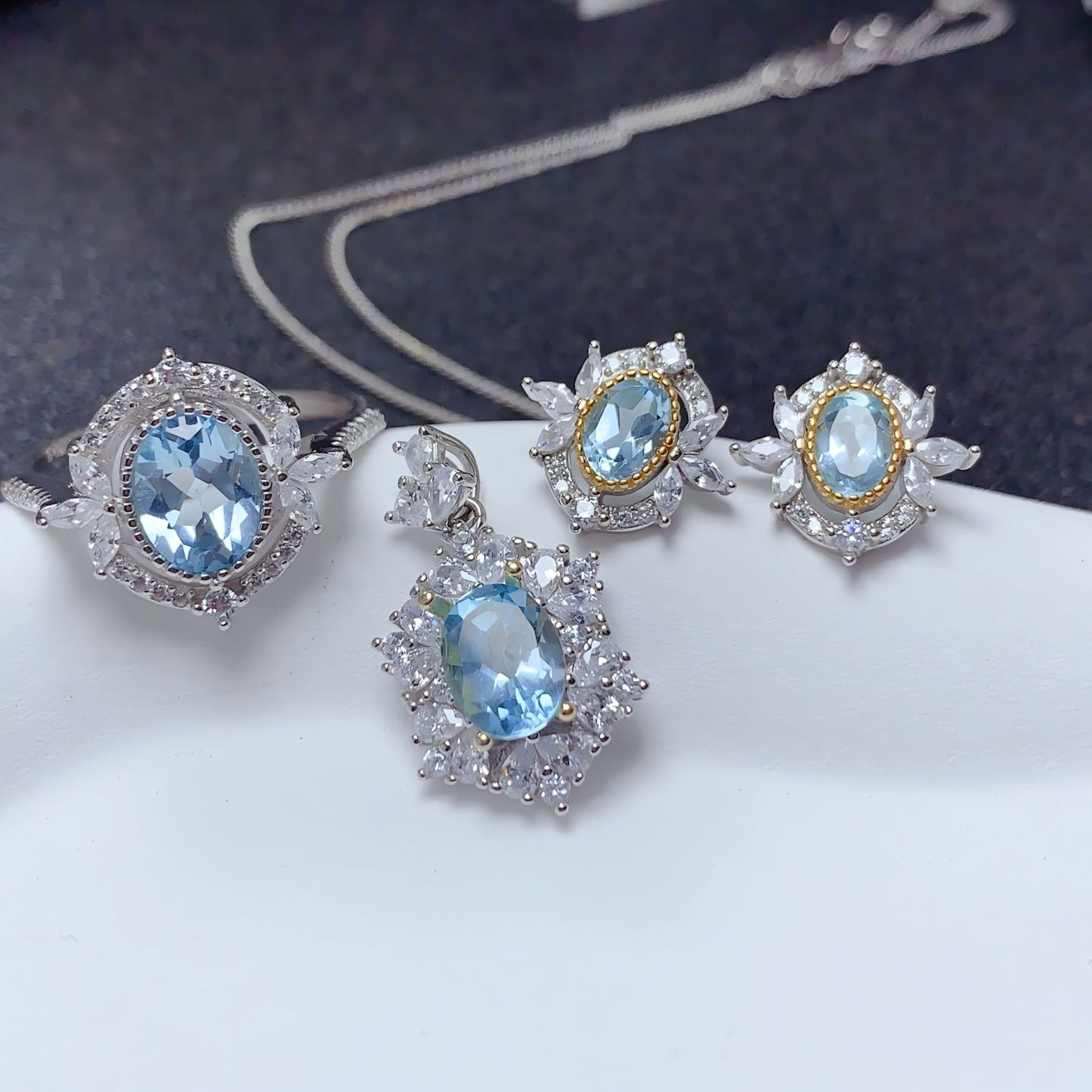 Mirror Flower Blue Topaz S925 Silver Ring / Earring / Pendent / Necklace Natural Crystal Set