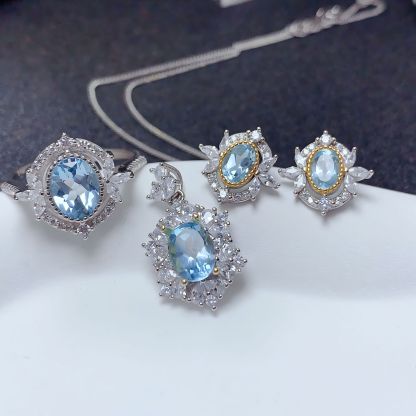 Mirror Flower Blue Topaz S925 Silver Ring / Earring / Pendent / Necklace Natural Crystal Set