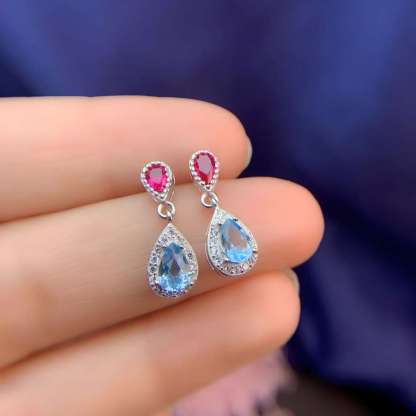 Double Water Drop Ruby Moonstone S925 Silver Earrings