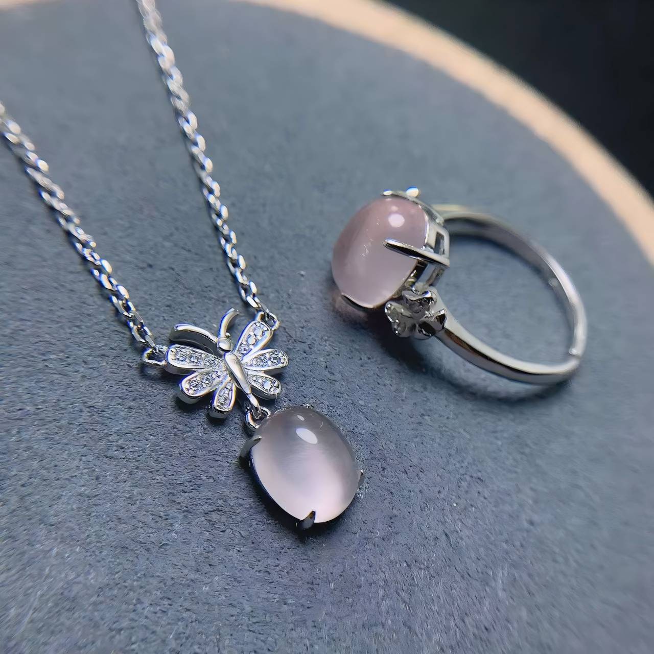 Oval Rose Quartz S925 Silver Ring / Pendent Four Claws Design