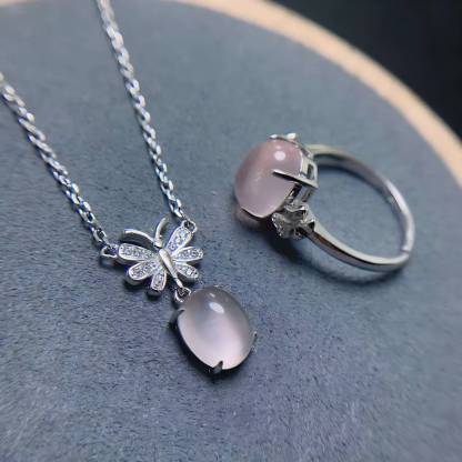 Oval Rose Quartz S925 Silver Ring / Pendent Four Claws Design