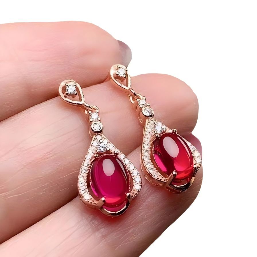 S925 Oval Egg Surface Garnet Silver / Rose Gold Earring