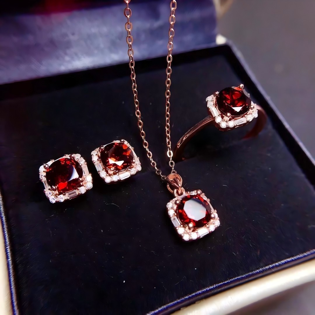 Square Garnet S925 Silver Ring / Earring / Pendent / Necklace Four Claws Design