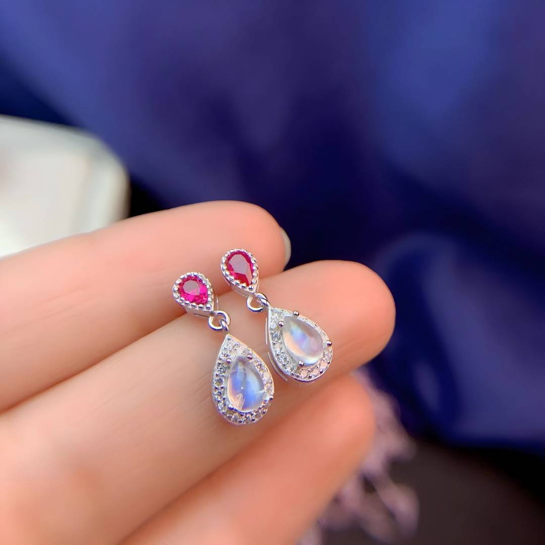 Double Water Drop Ruby Moonstone S925 Silver Earrings