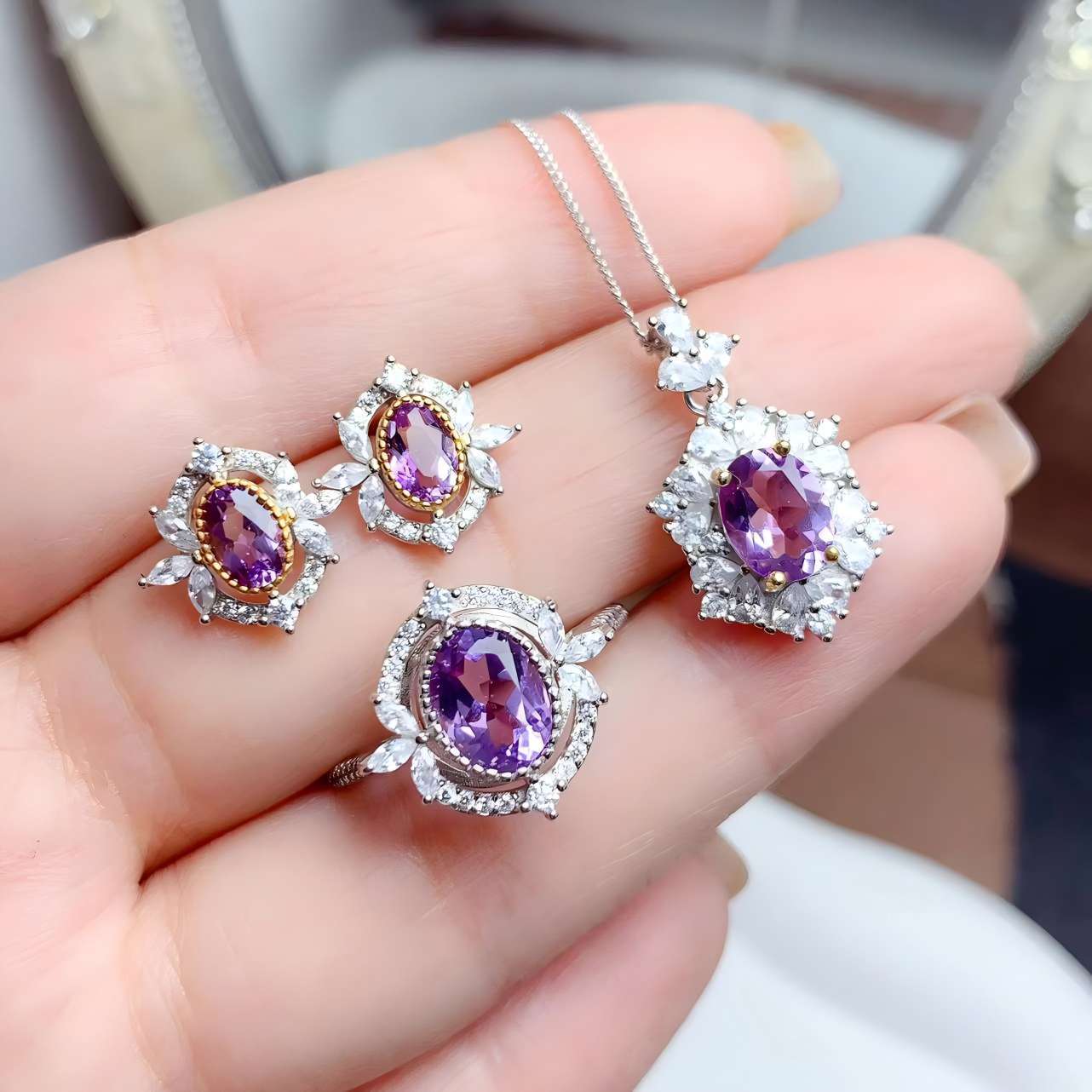 Mirror Flower Amethyst S925 Silver Ring / Earring / Pendent / Necklace