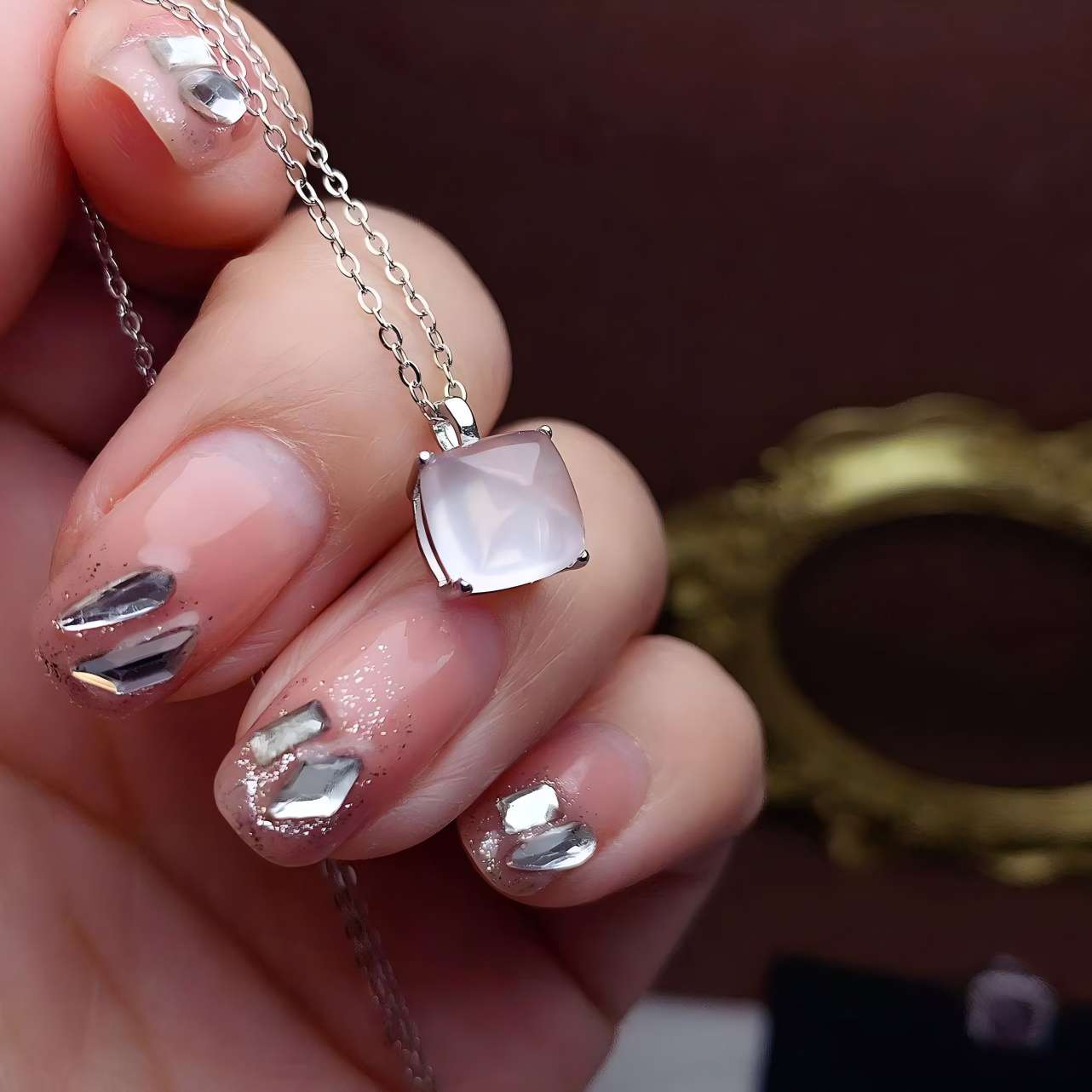 Square Rose Quartz S925 Silver Ring / Pendent Four Claws Design