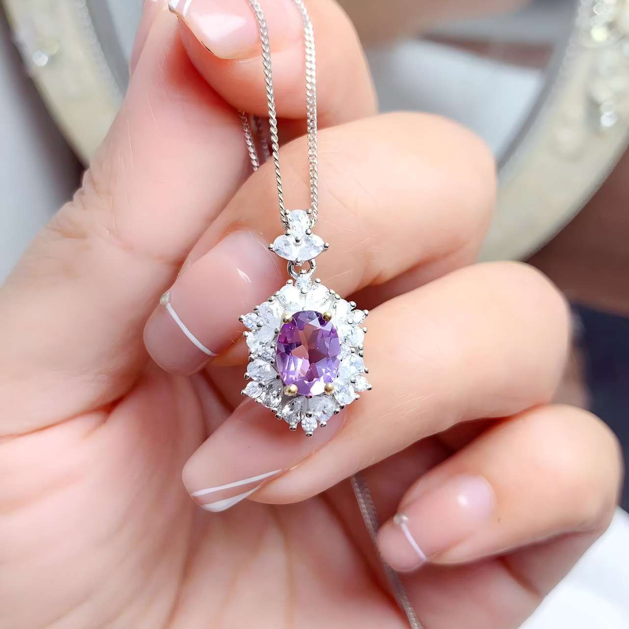 Mirror Flower Amethyst S925 Silver Ring / Earring / Pendent / Necklace Natural Crystal Set