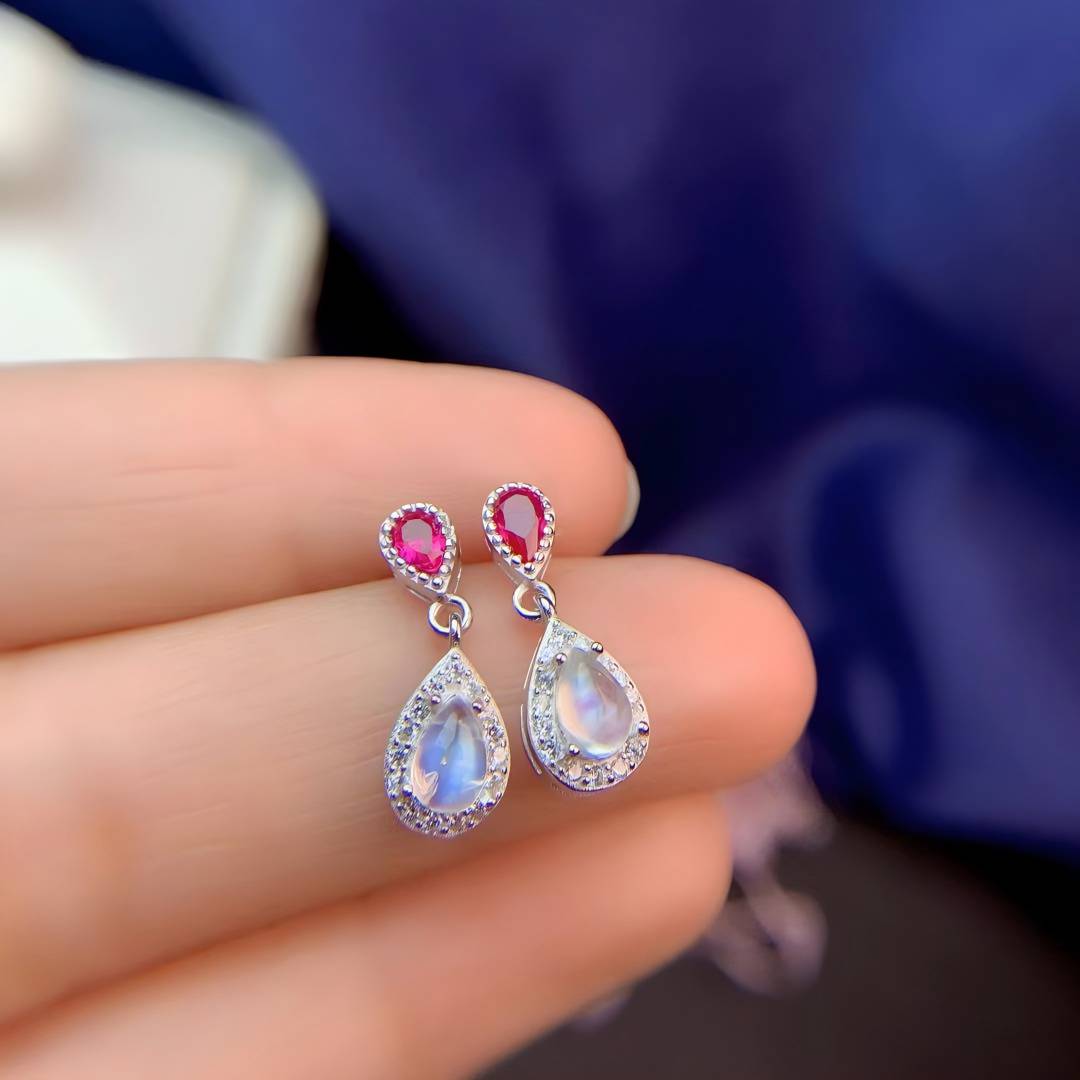 Double Water Drop Ruby Moonstone S925 Silver Earrings