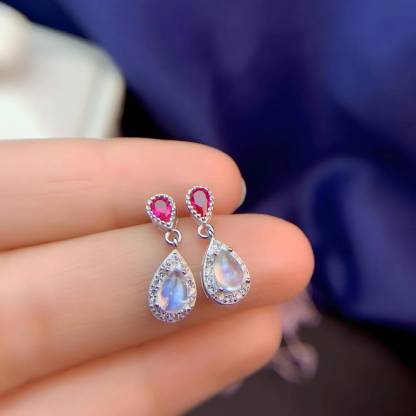 Double Water Drop Ruby Moonstone S925 Silver Earrings