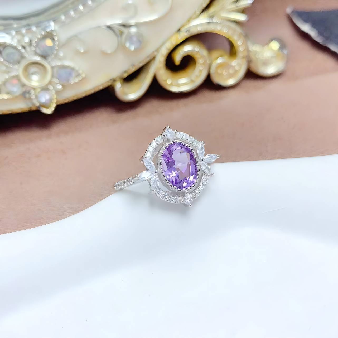 Mirror Flower Amethyst S925 Silver Ring / Earring / Pendent / Necklace Natural Crystal Set