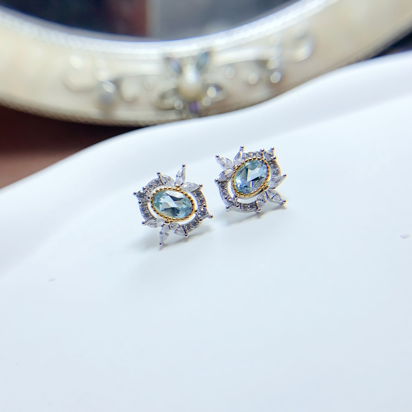 Mirror Flower Blue Topaz S925 Silver Ring / Earring / Pendent / Necklace Natural Crystal Set